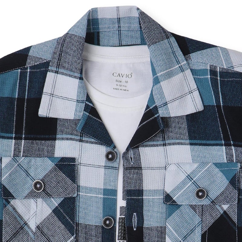 CAVIO Boys Cotton Checks Full Sleeves Shackets Shirt and T-Shirt - Image 3